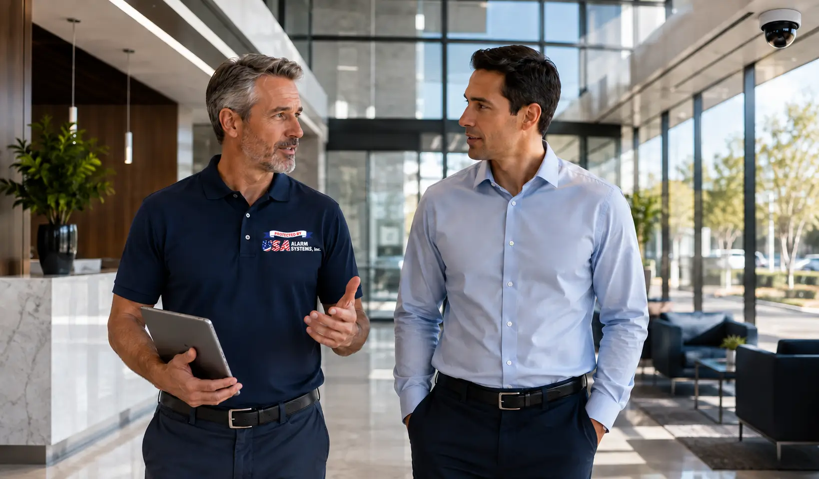 USA Alarm Systems technician in uniform with tablet discussing security solutions with commercial building client in modern lobby
