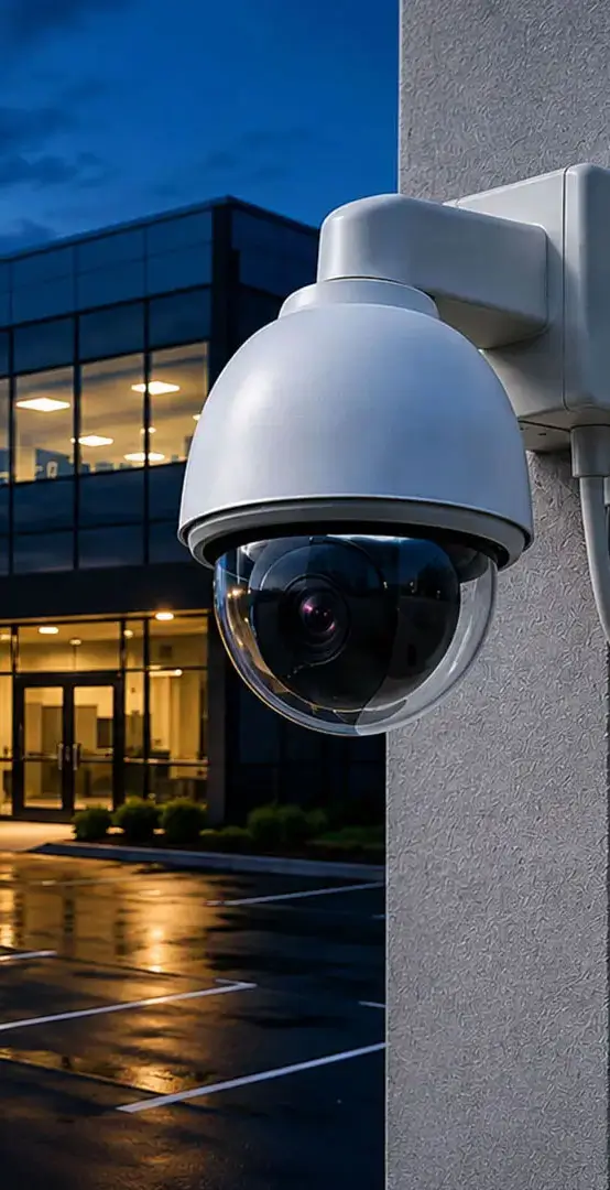 Commercial security dome camera installed on exterior of modern building