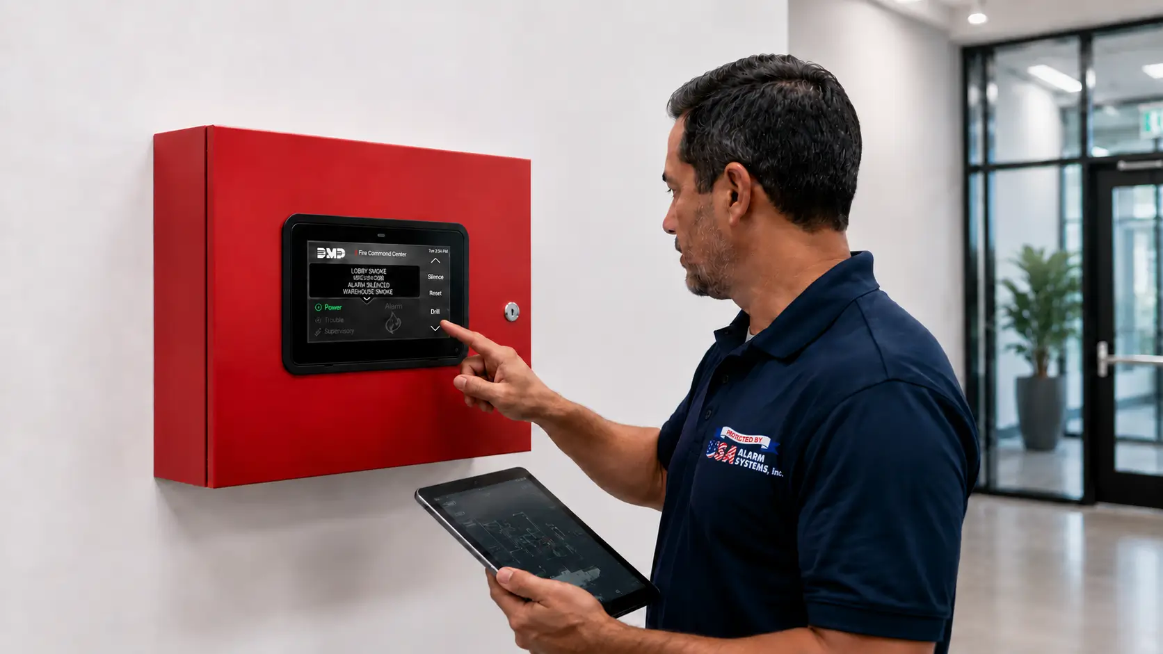 Licensed technician in USA Alarm Systems uniform operating a red commercial fire alarm command panel with digital tablet