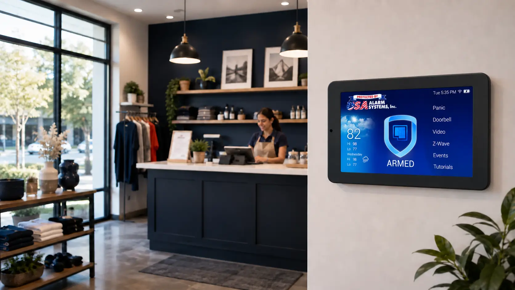 Modern security touchscreen panel in commercial retail space