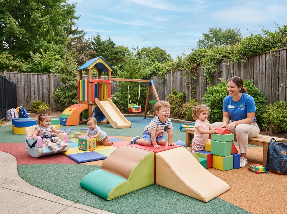 Babies playing in outdoor activity seats