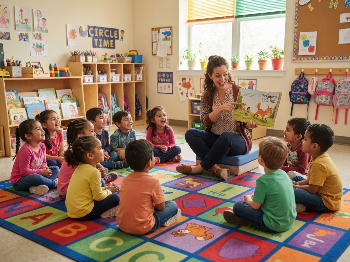 Kids group time on rug with teacher