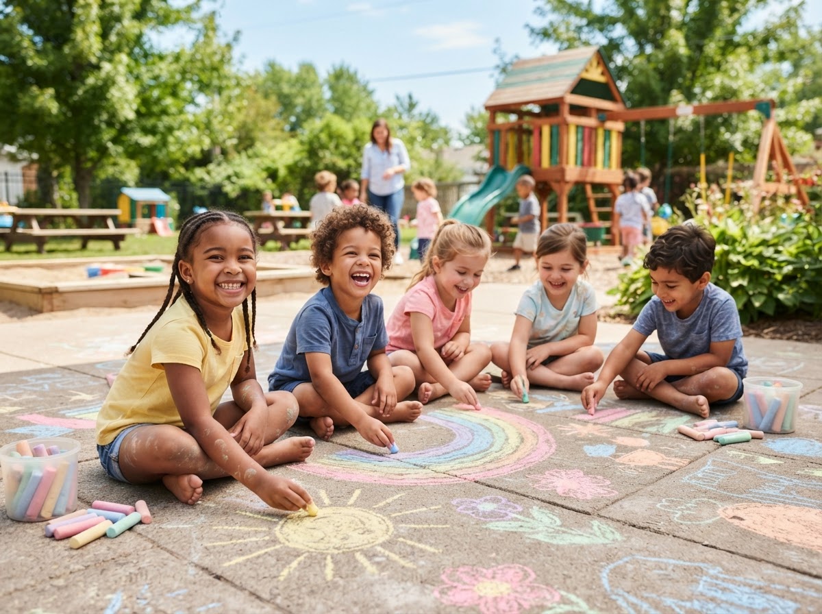 Children chalk art outdoors