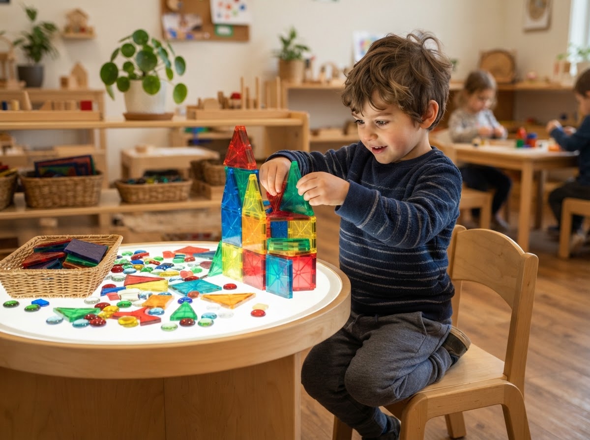 Boy with magnetic blocks beside light table