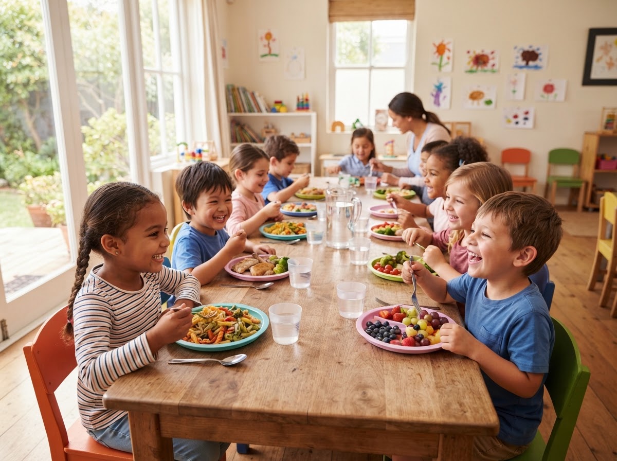 Kids sitting at long table enjoying home cooked meal