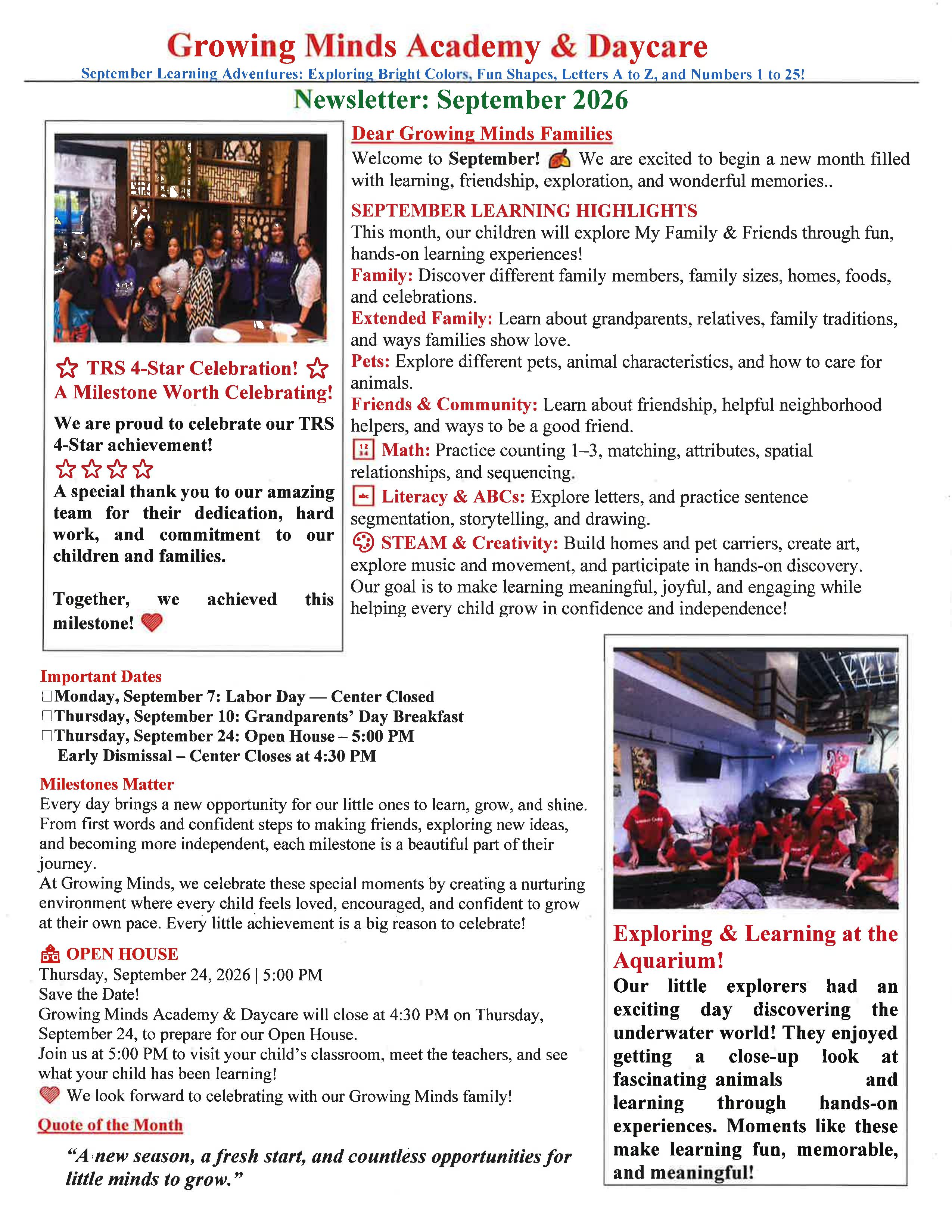 Growing Minds Academy September 2026 Newsletter - page 1