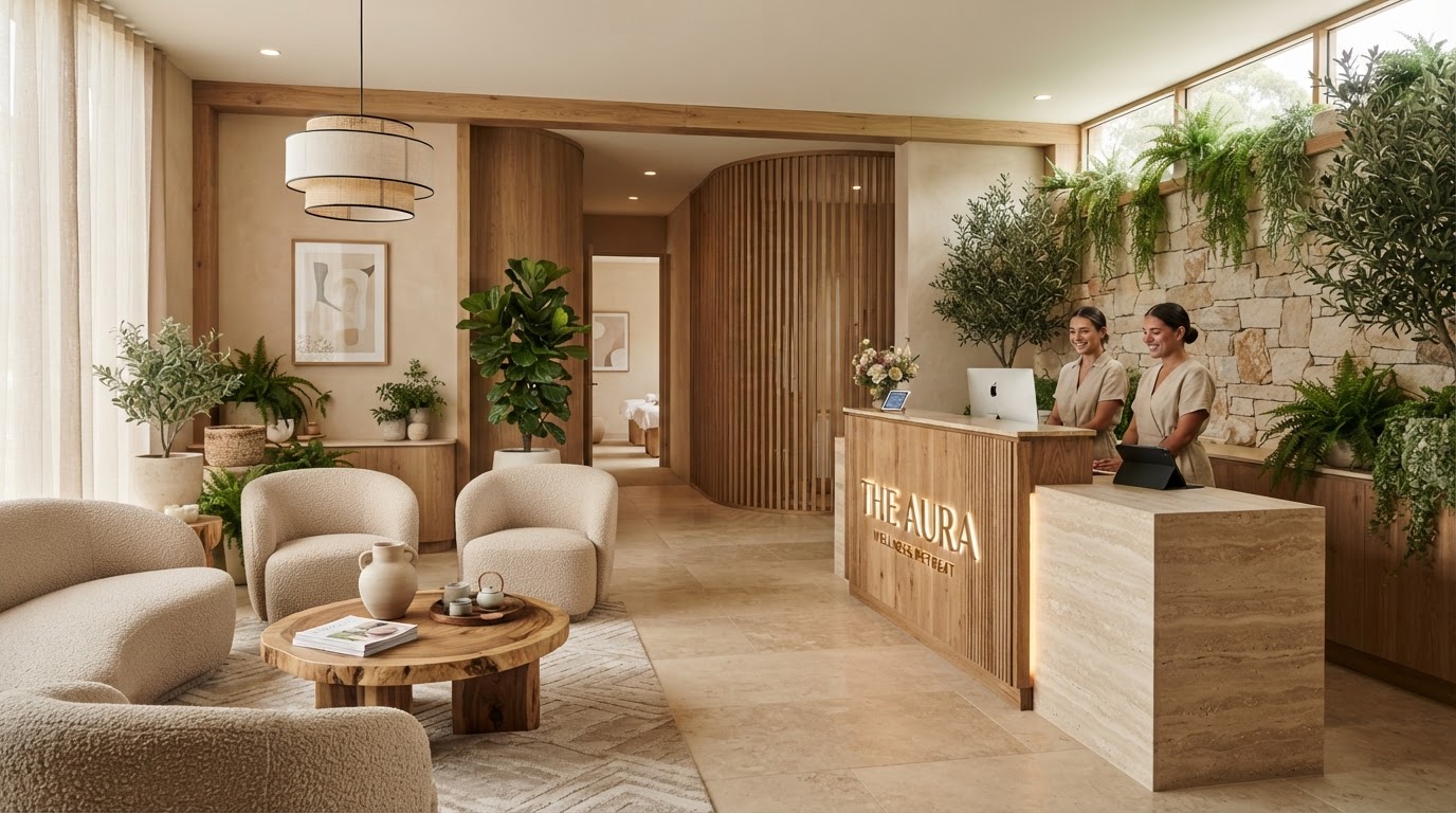 Modern spa reception area with natural elements and warm lighting