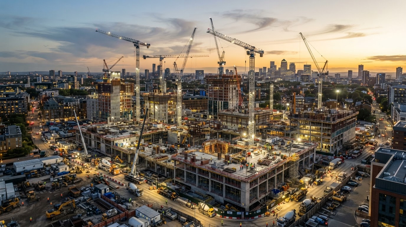 Active construction site at golden hour