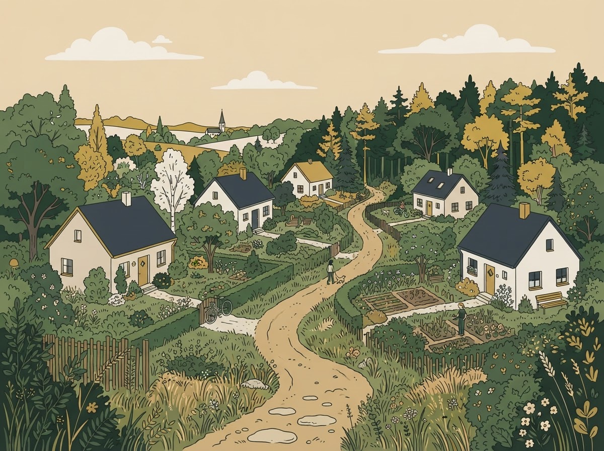 Symbolbild: Naturnahe Wohnlage mit Gärten und Bäumen – Illustration