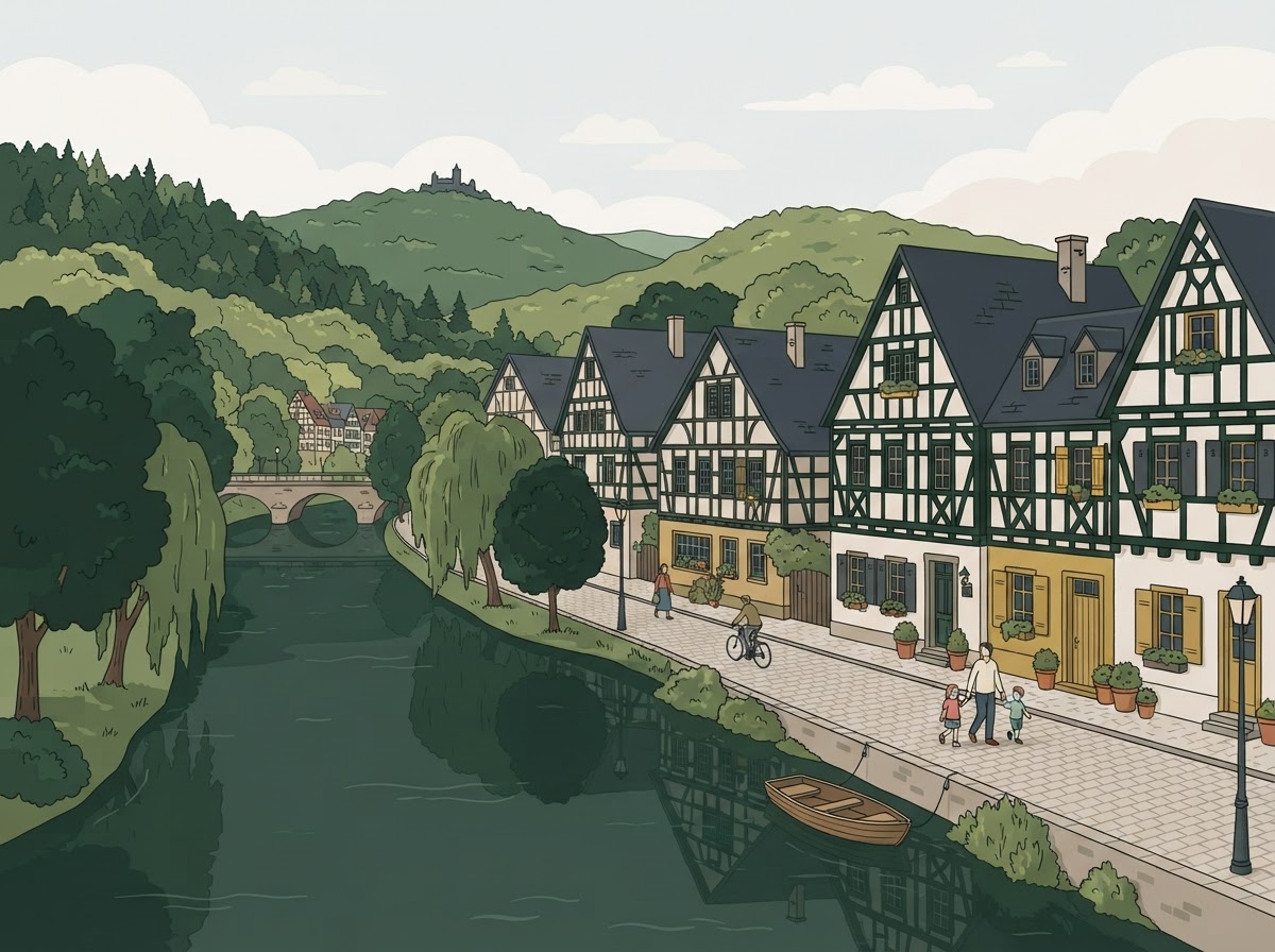 Symbolbild: Wohnviertel am Fluss mit Fachwerkhäusern – Illustration