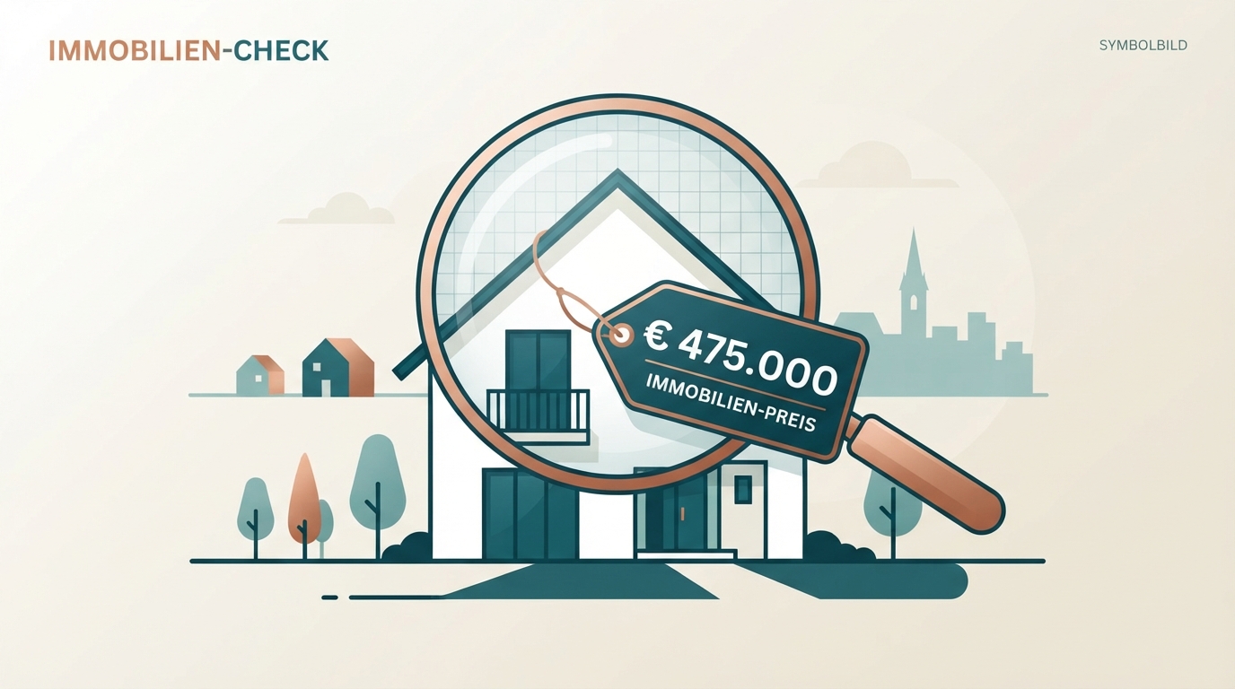Symbolbild: Kaufpreis-Check mit Haus, Lupe und Preisschild – Illustration