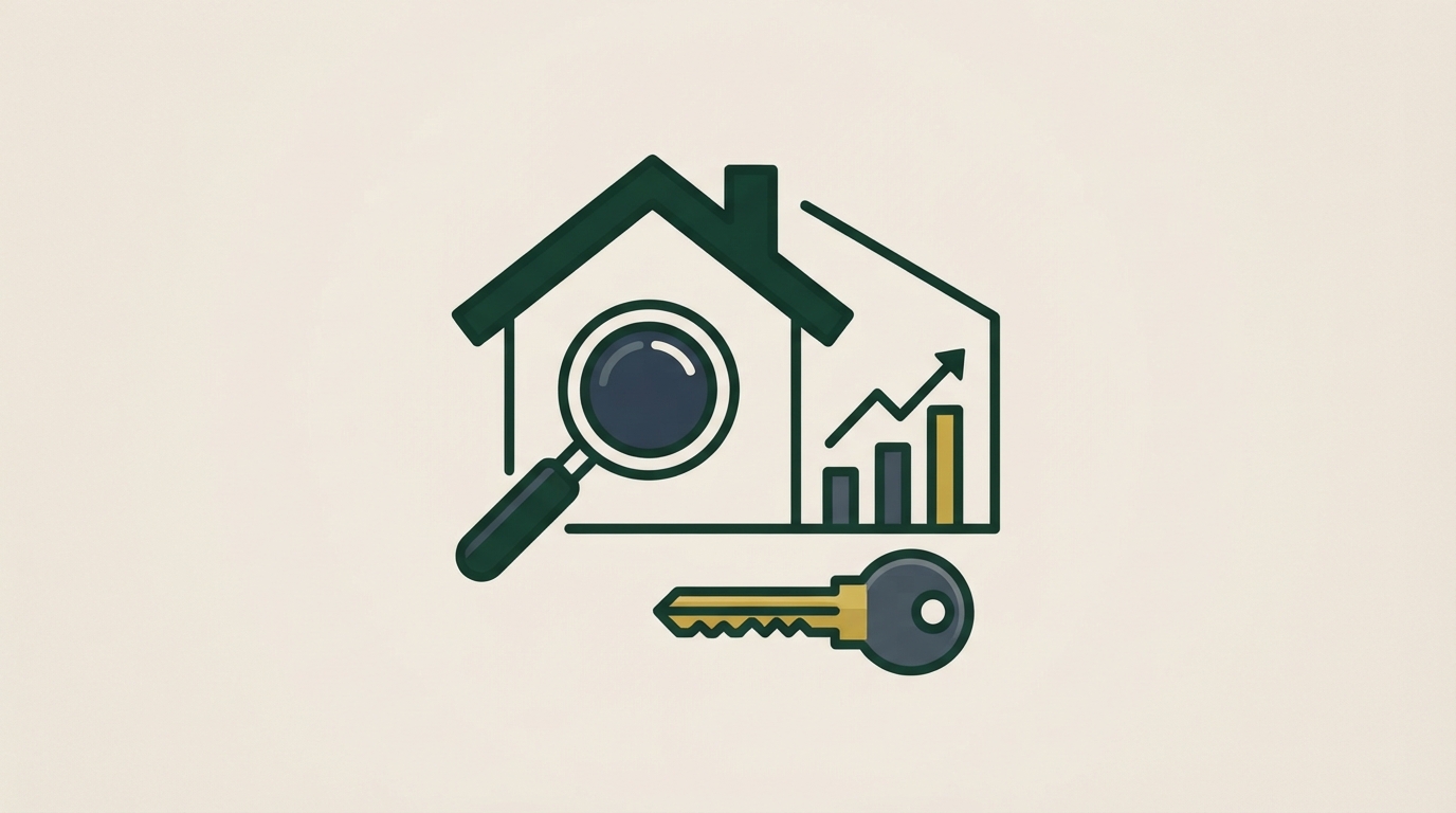 Symbolbild: Immobilien-Ratgeber mit Haus-Symbol, Lupe und Diagramm – Illustration