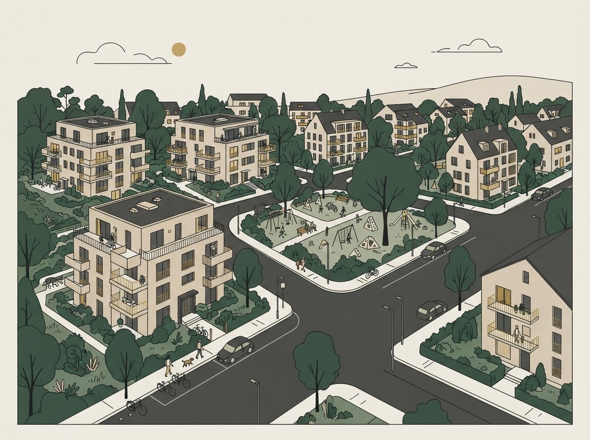 Symbolbild: Gisselberg – Wohnviertel mit Mehrfamilienhäusern und Grünanlage – Illustration