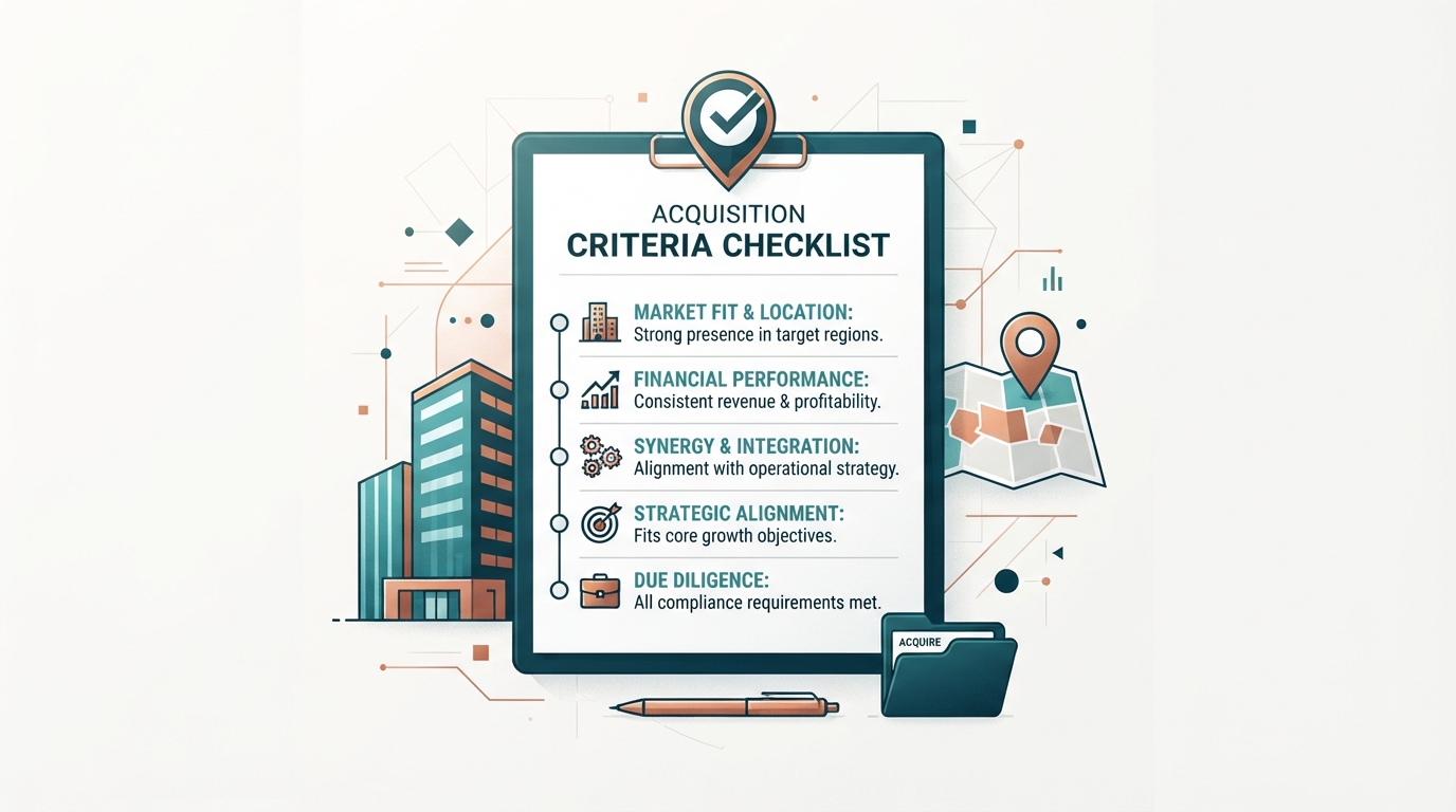 Symbolbild: Ankaufskriterien mit Checkliste, Karte und Gebäude-Icons – Illustration
