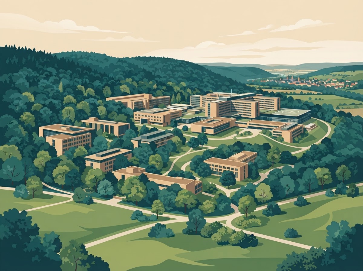 Symbolbild: Lahnberge – Universitäts- und Klinikgebiet in bewaldeter Hügellandschaft – Illustration