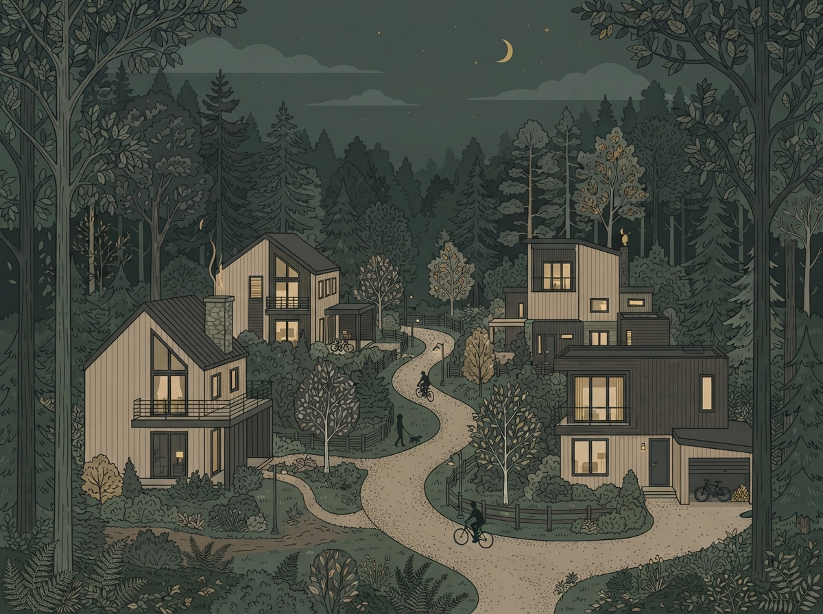 Symbolbild: Stadtwald – Wohnhäuser am Waldrand mit hohem Baumbestand – Illustration