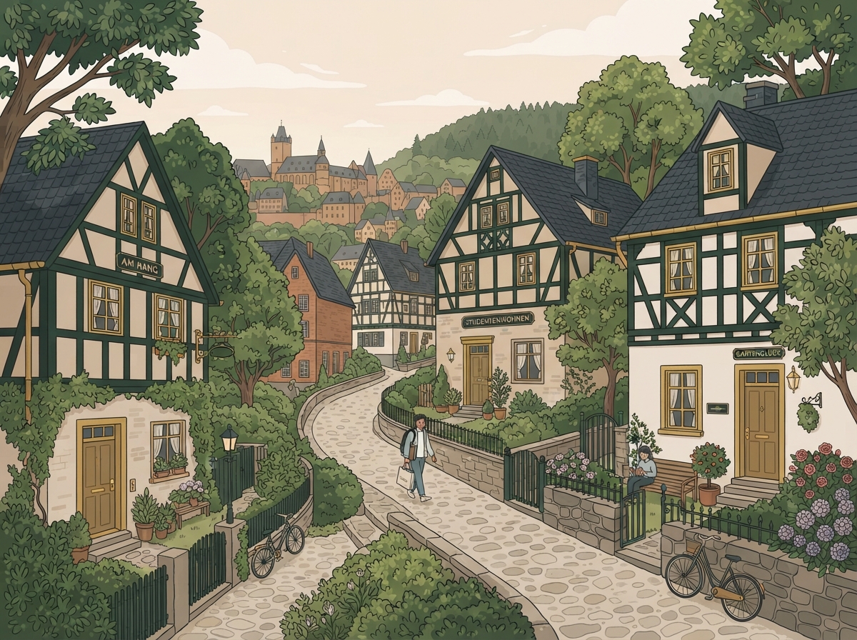 Symbolbild: Hanglage mit Wohnhäusern und Bäumen – Illustration
