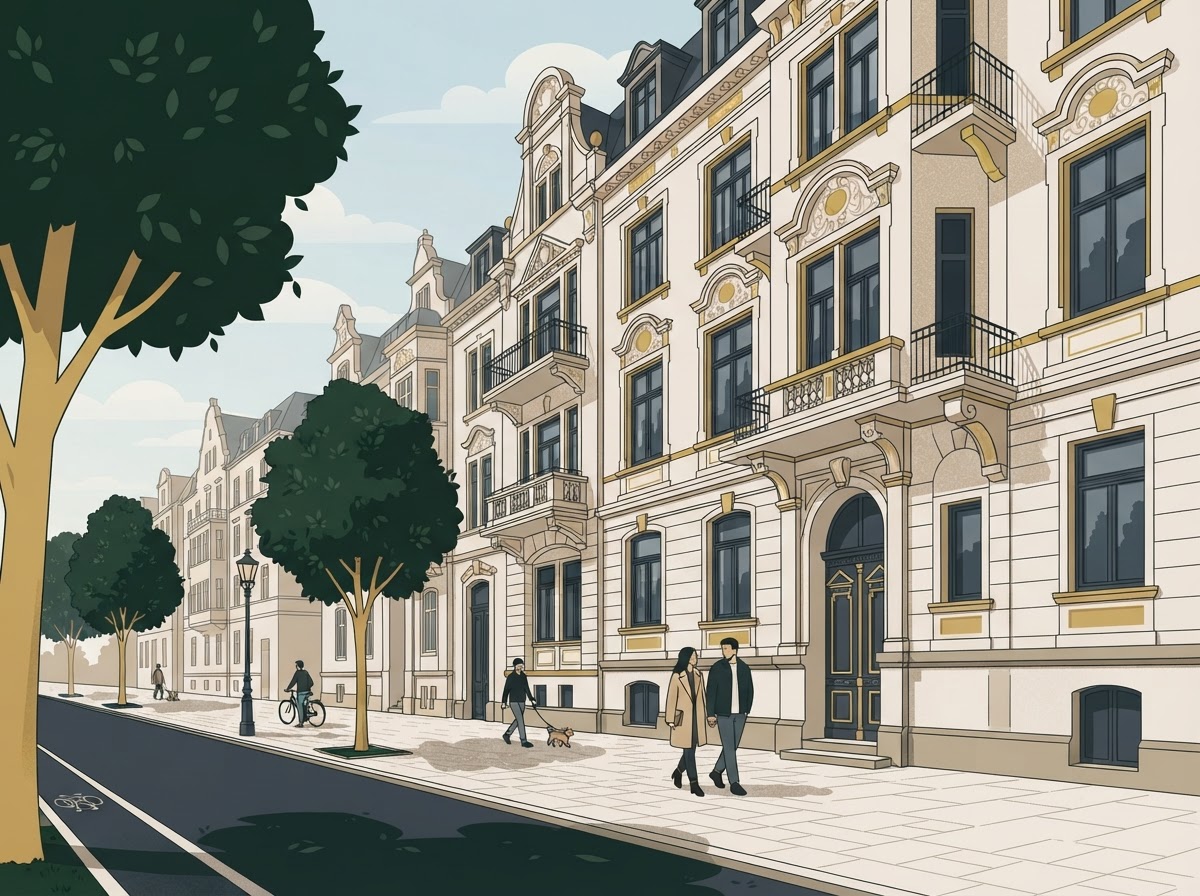 Symbolbild: Gründerzeit-Wohnstraße mit Bäumen – Illustration