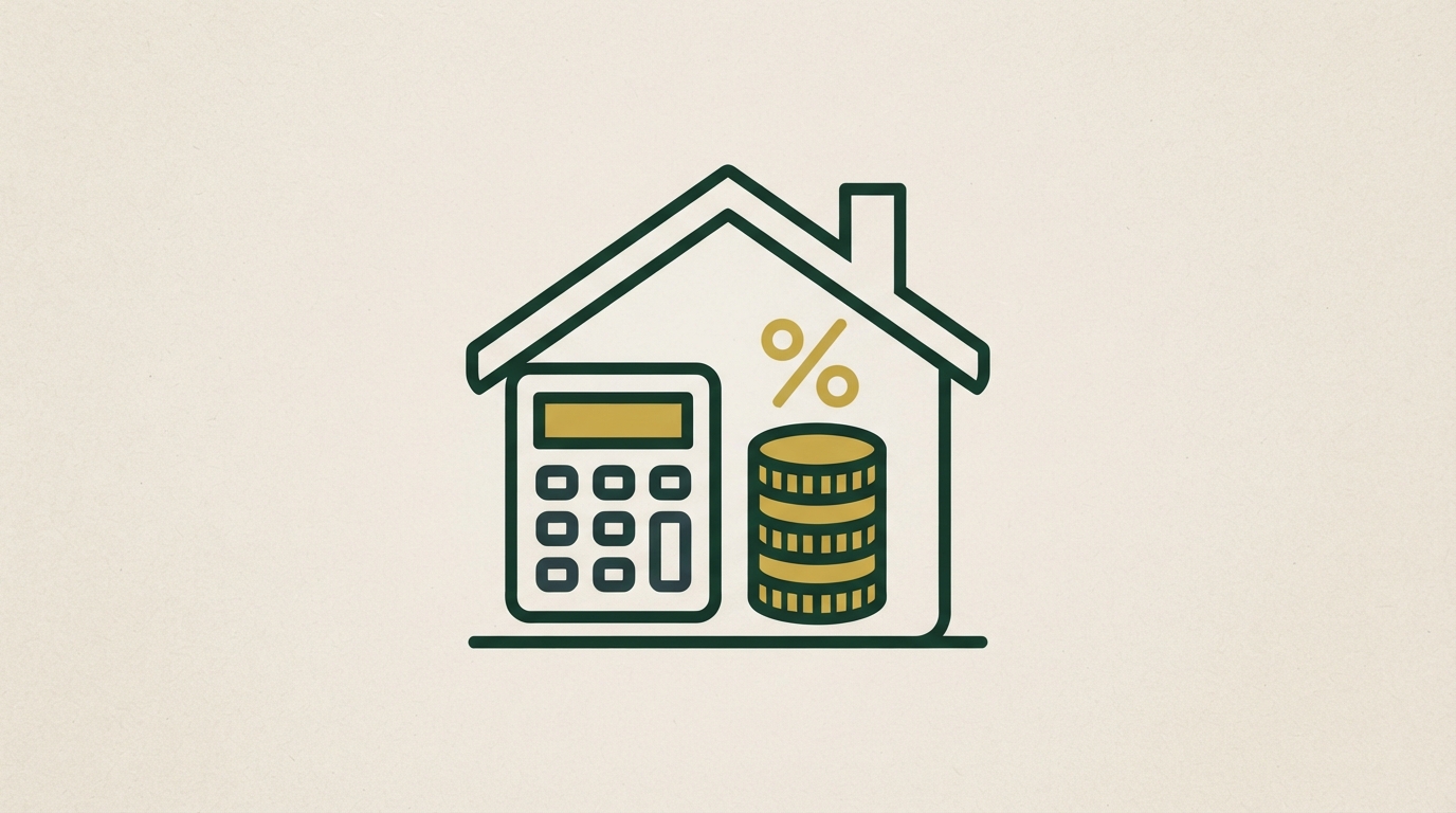 Symbolbild: Finanzierungsrechner mit Haus-Symbol, Taschenrechner und Münzen – Illustration