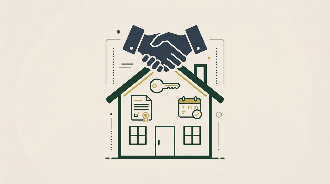 Symbolbild: Direktankauf mit Haus-Symbol, Schlüssel und Dokument – Illustration