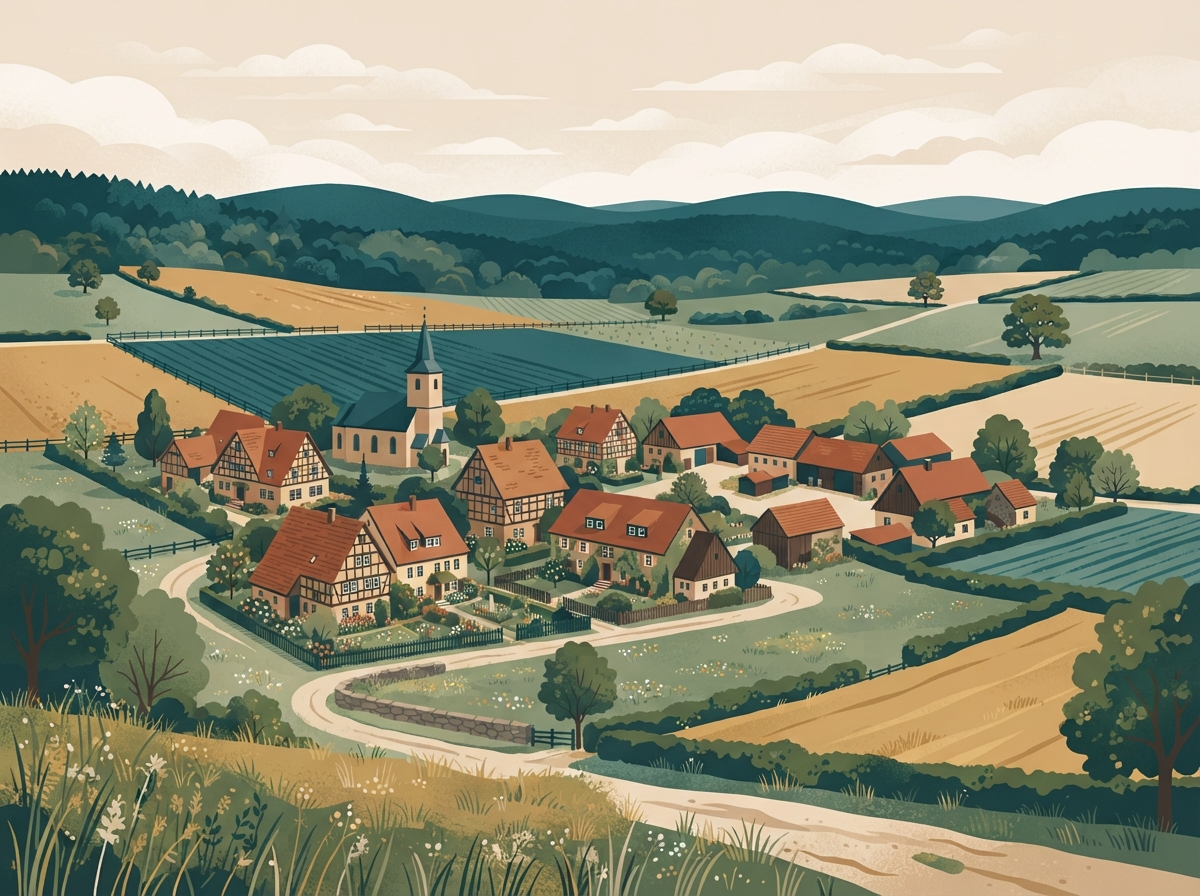 Symbolbild: Bauerbach – ländliche Siedlung am Stadtrand mit Wiesen und Feldern – Illustration
