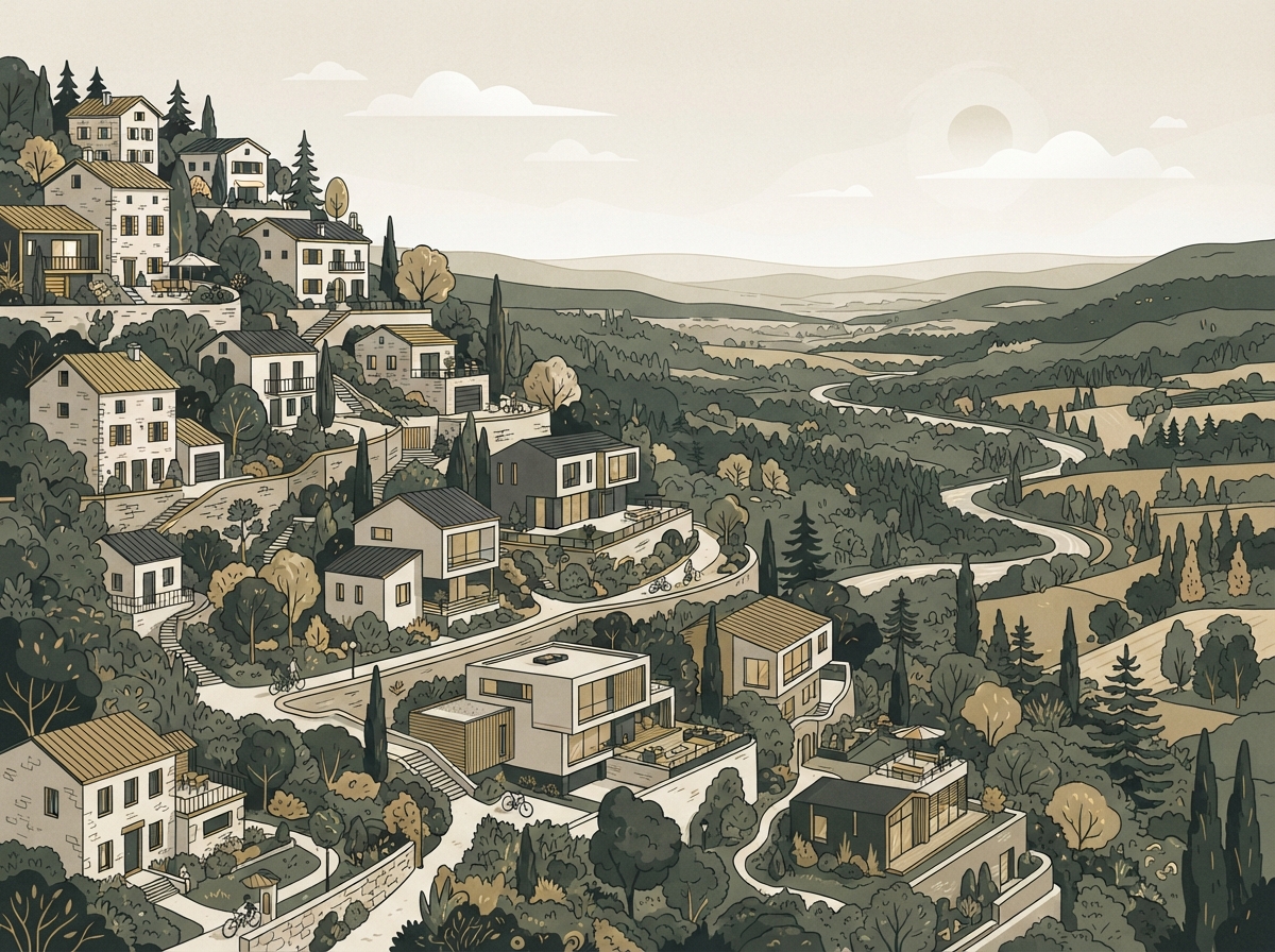 Symbolbild: Ortenberg – Hanglage mit Wohnhäusern und Blick über die Stadt – Illustration