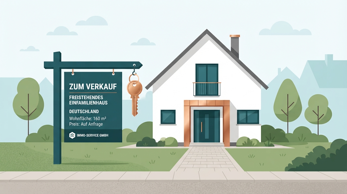 Symbolbild: Haus verkaufen mit Einfamilienhaus, Schlüssel und Verkaufsschild – Illustration
