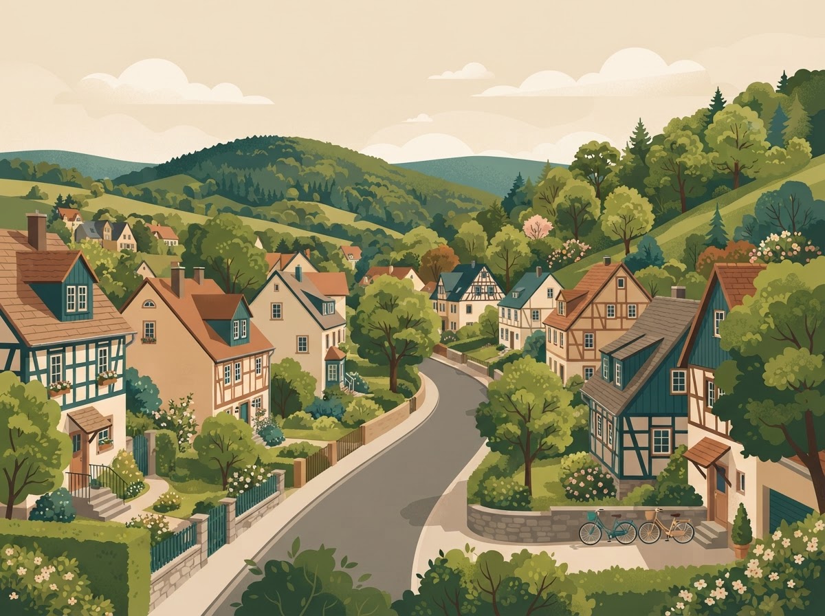Symbolbild: Michelbach – ruhige Wohnlage mit Einfamilienhäusern und Bäumen – Illustration
