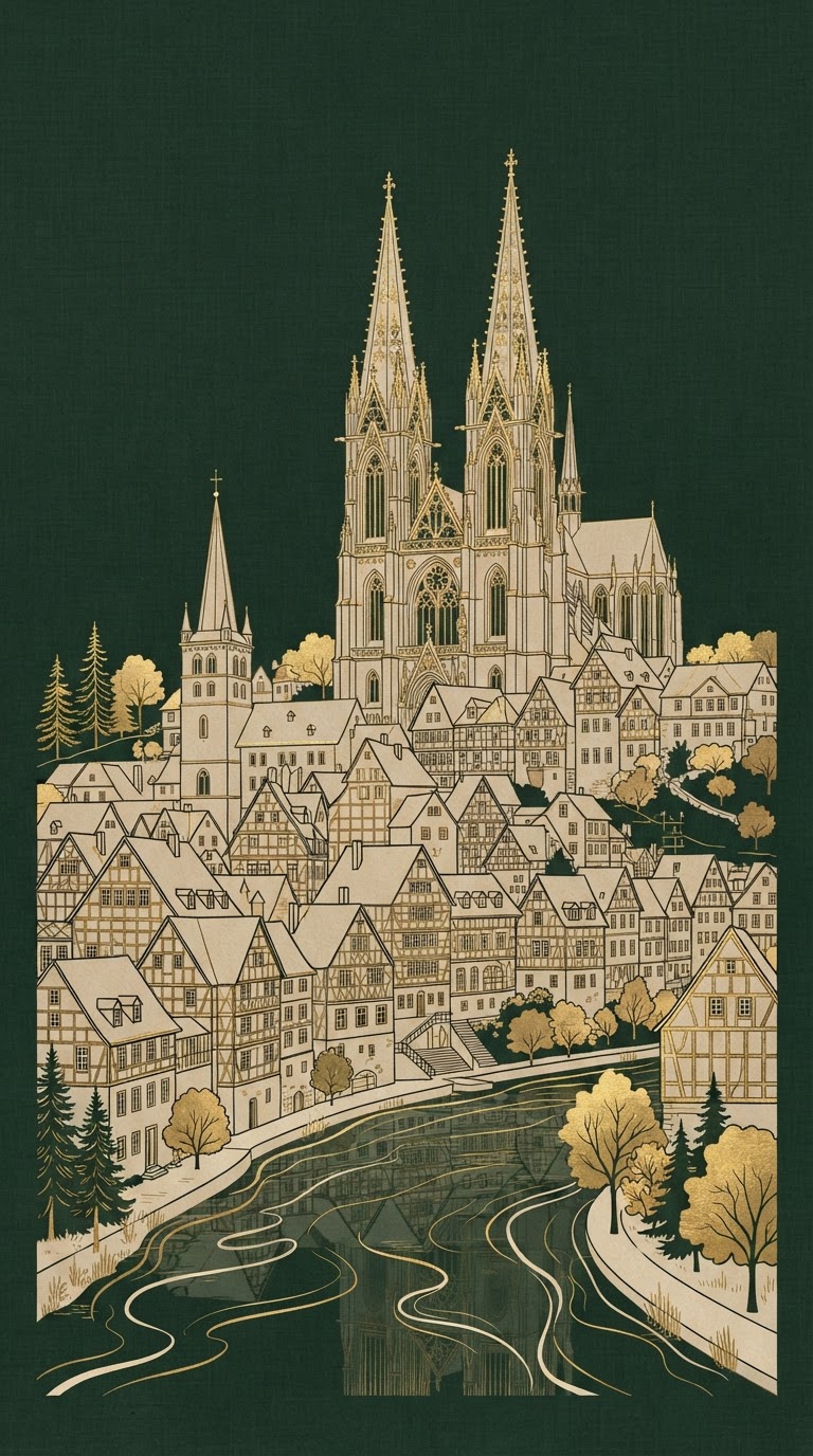 Editorial Illustration der Marburger Elisabethkirche und Fachwerkhäuser am Lahnufer — Symbolbild