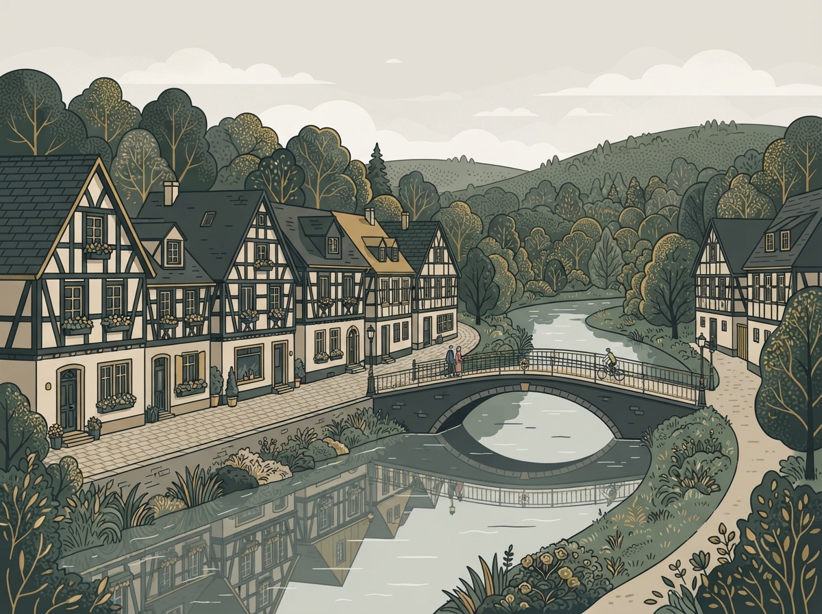 Symbolbild: Weidenhausen – Fachwerkhäuser am Fluss mit Brücke – Illustration