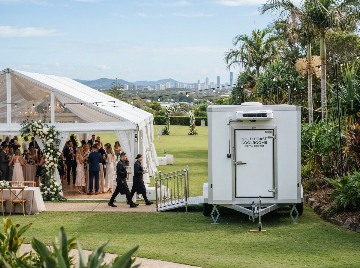 Mobile coolroom positioned at an outdoor Gold Coast wedding event
