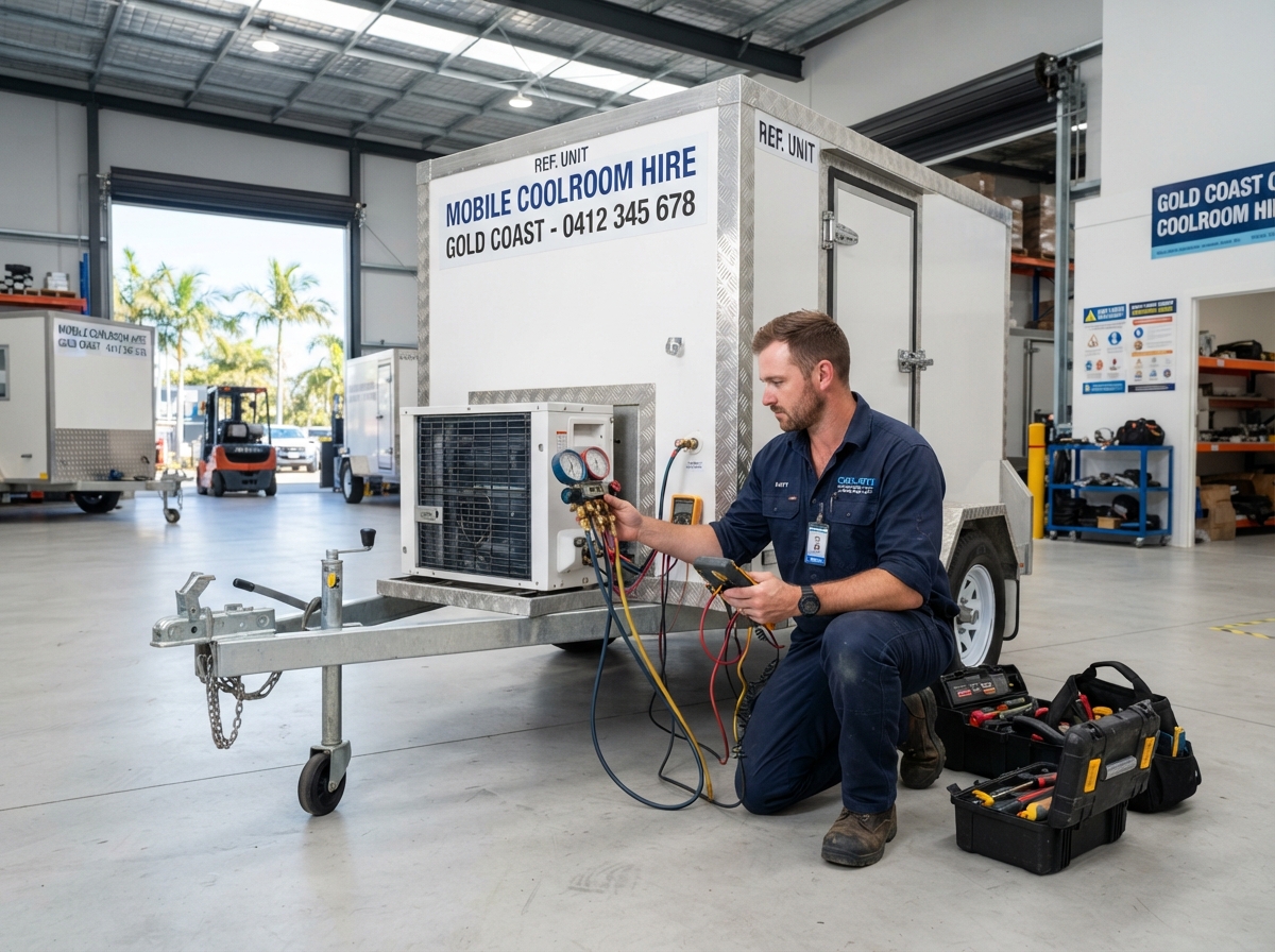 Refrigeration technician inspecting a mobile coolroom at the Gold Coast depot