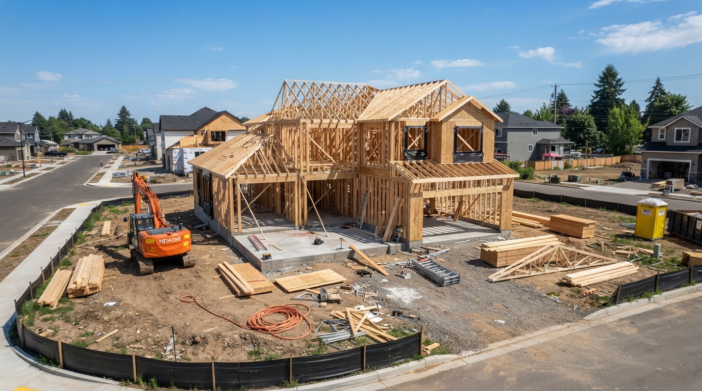 Single-family home under active ground-up construction with wood framing