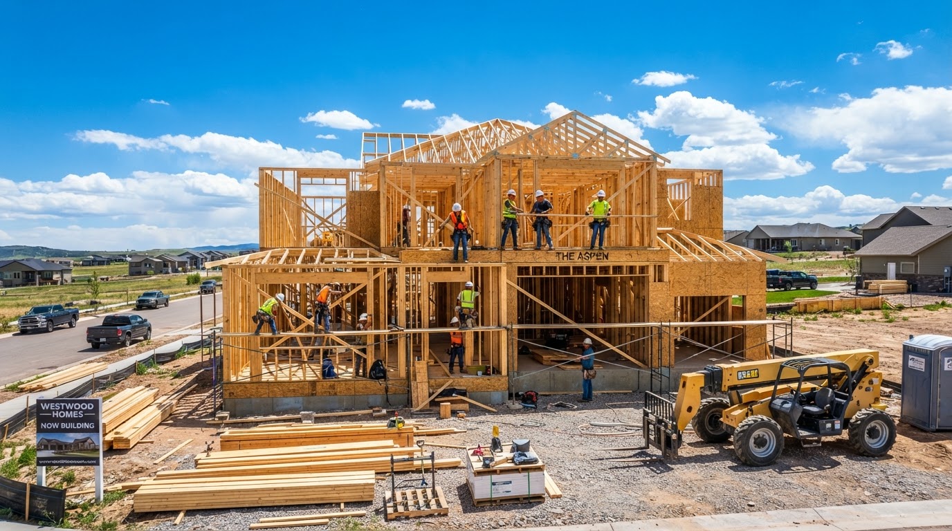 Single-family home under active ground-up construction on a bright sunny day