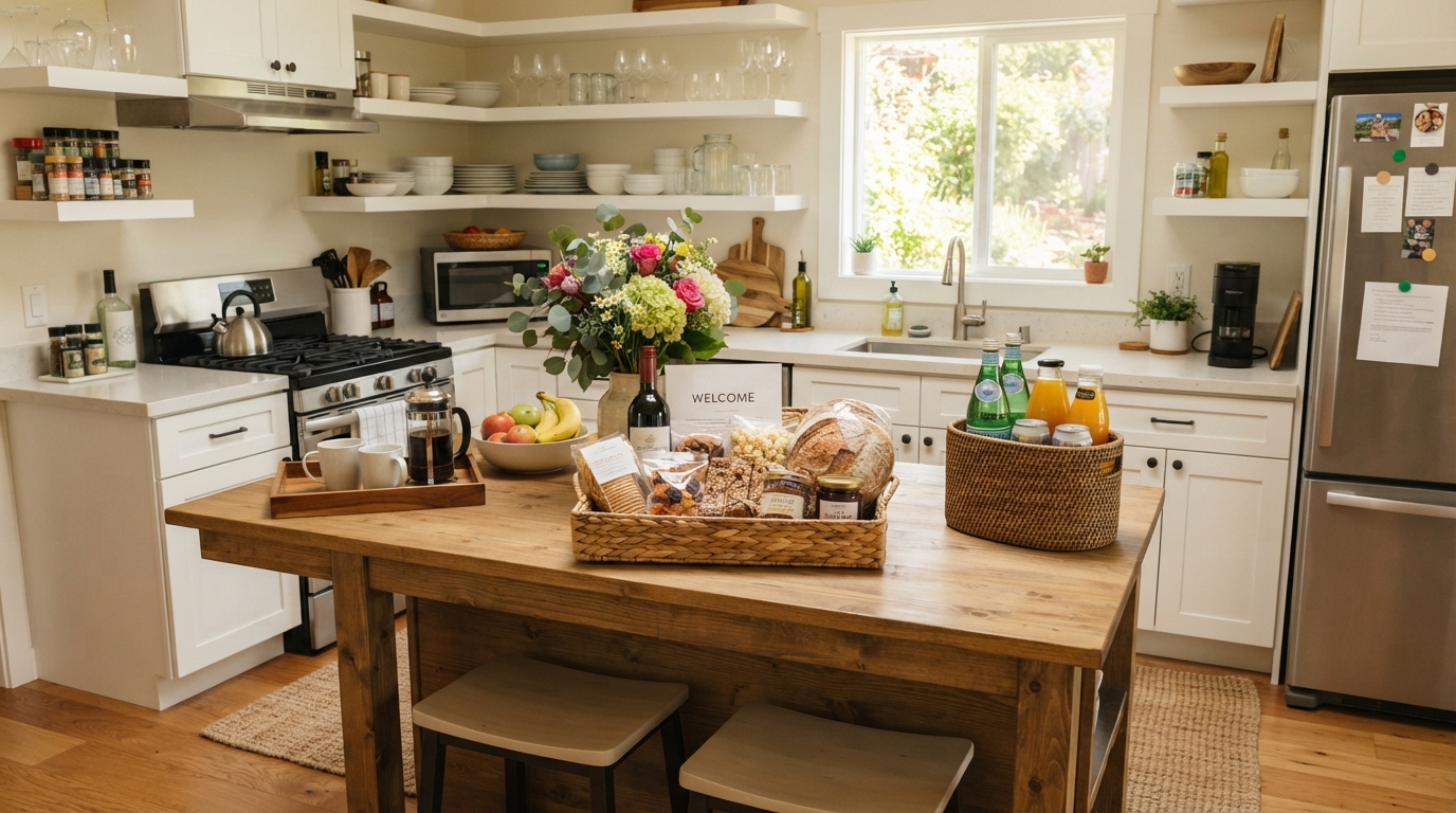 Stocked vacation rental kitchen with fresh groceries and flowers waiting for guests