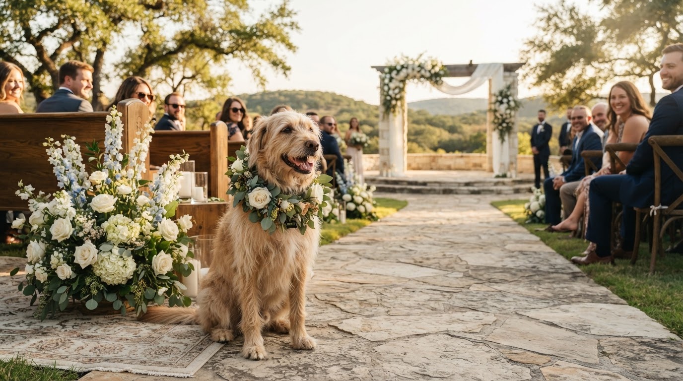 Adorable dog dressed up for a wedding celebration
