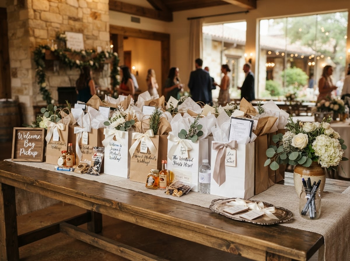 A table full of beautifully arranged gift bags and welcome bags for an event