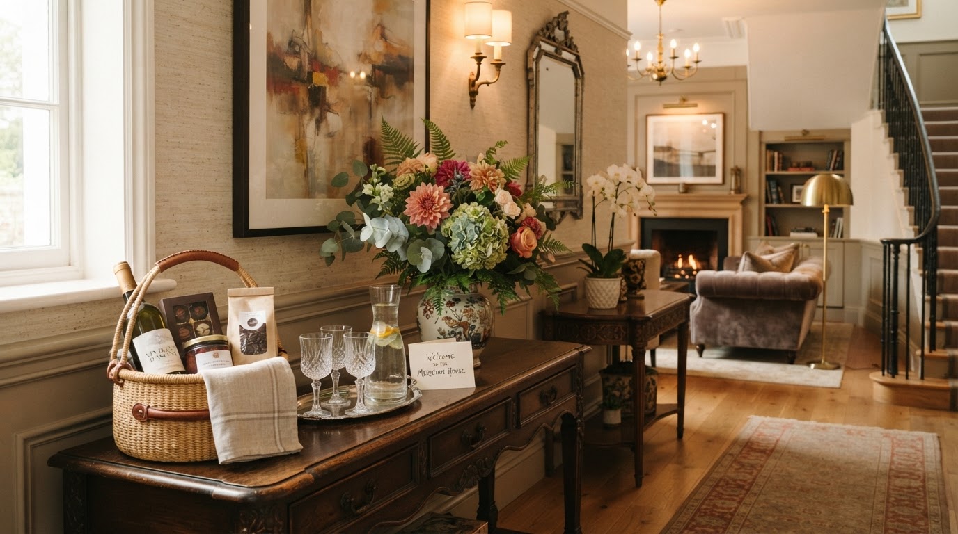 Boutique hotel lobby with personalized guest amenities and concierge touches