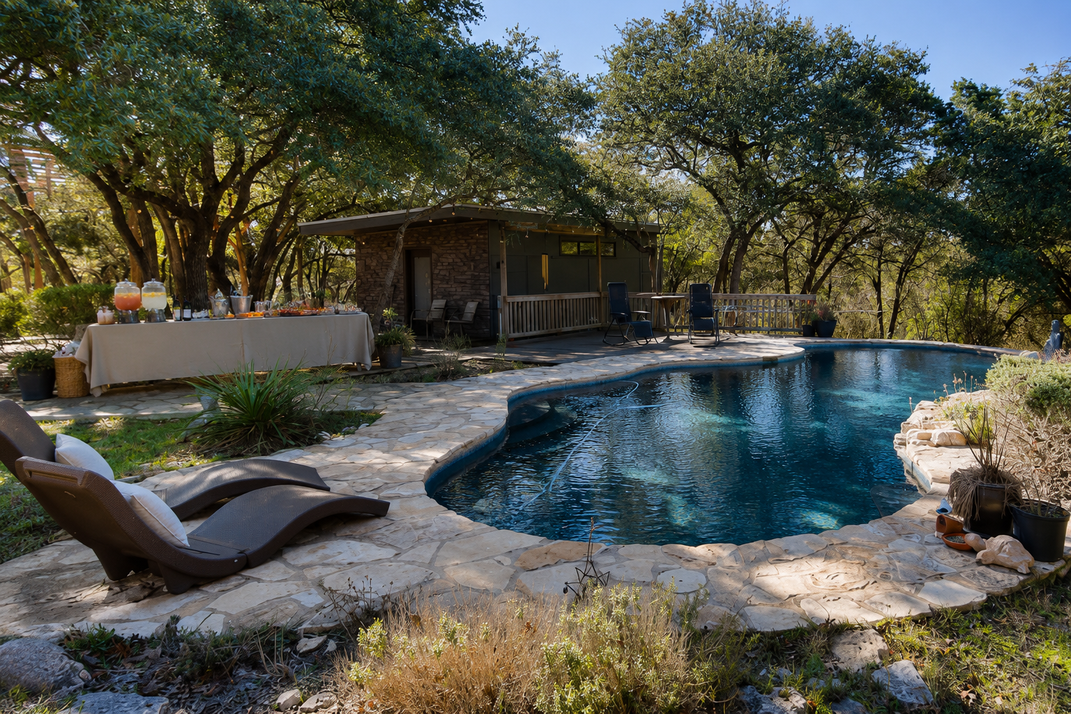 Beautiful Airbnb or vacation rental property with pool and refreshment station ready for guests