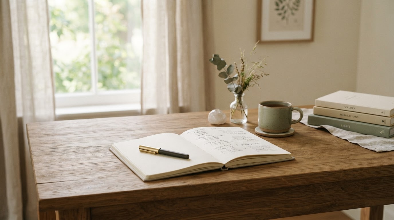 A calm desk with a notebook and pen in soft natural light, representing the clarity of understanding therapy costs