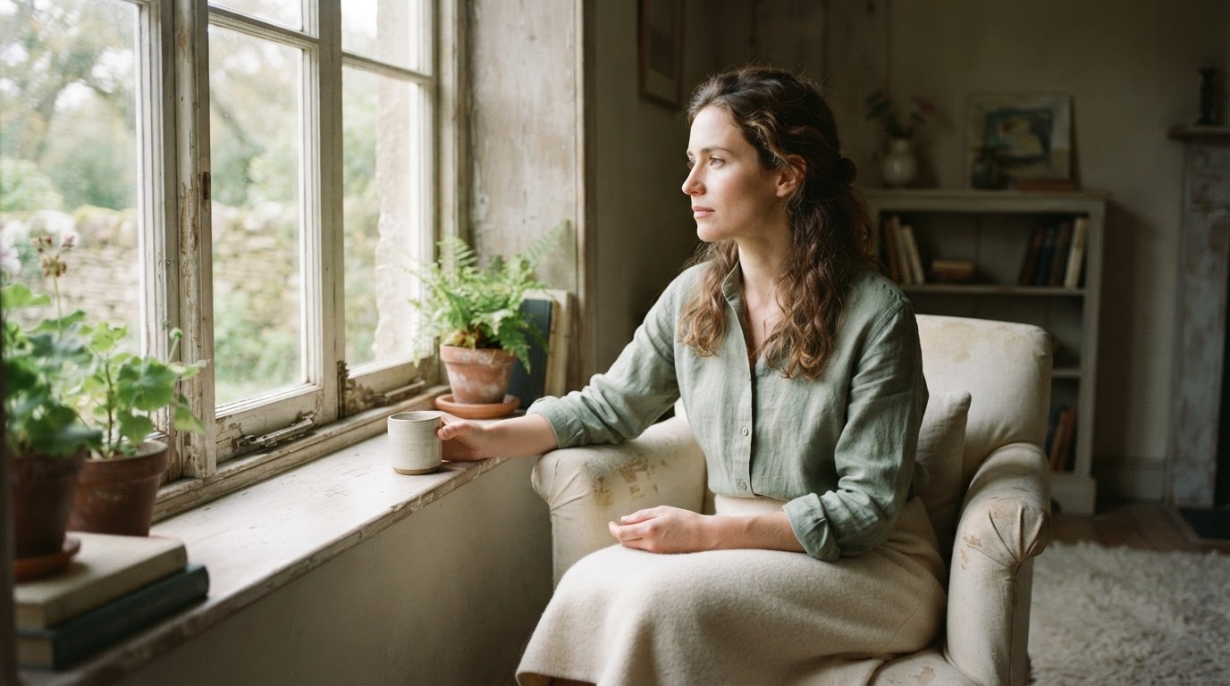 A woman sitting by a window with soft light, appearing calm on the surface while holding tension inside — high-functioning anxiety