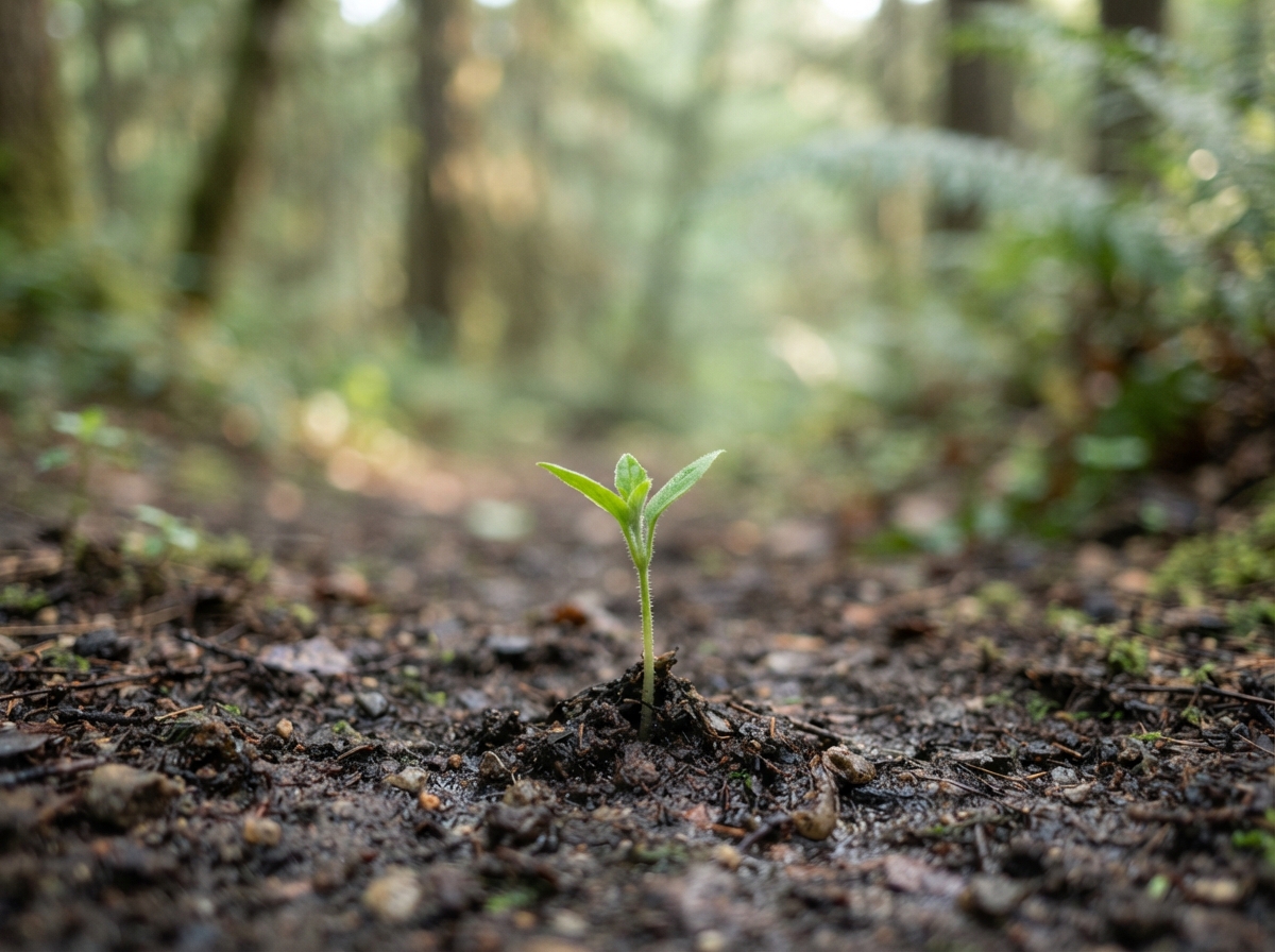 A single green sprout emerging from dark soil in soft morning light, symbolizing the gentle reorienting process of DBR therapy