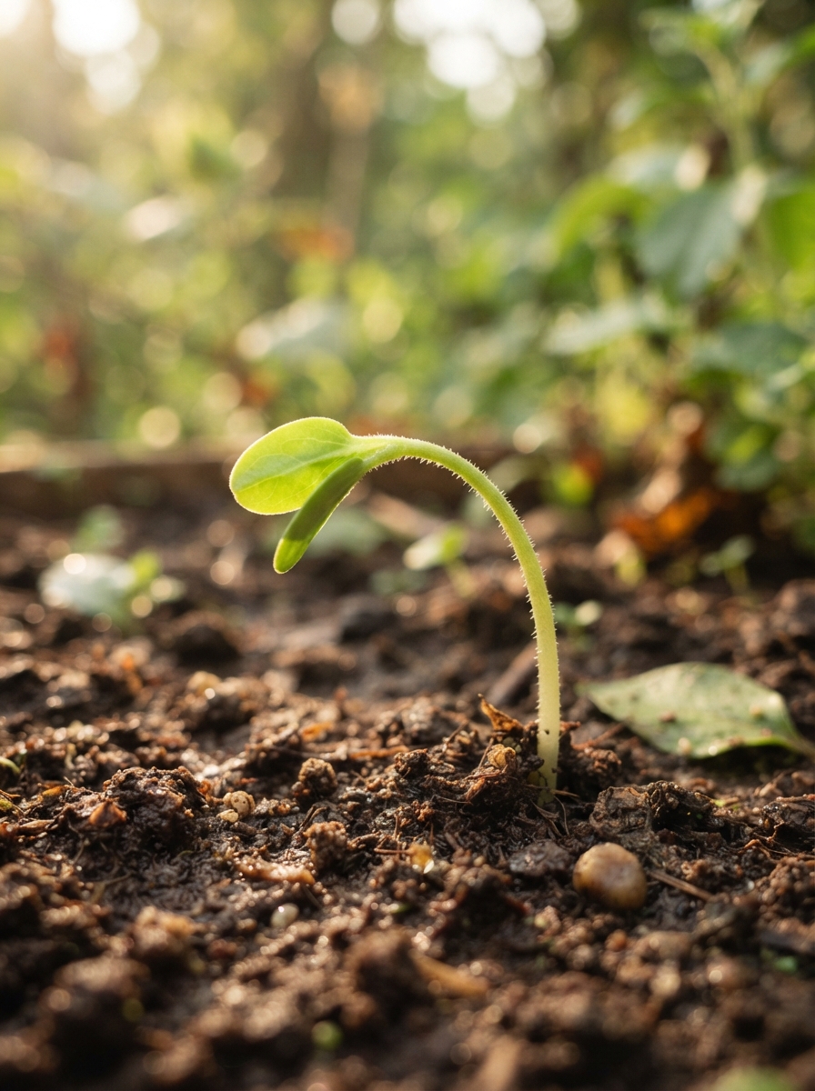 Organic plant sprout growing in warm light