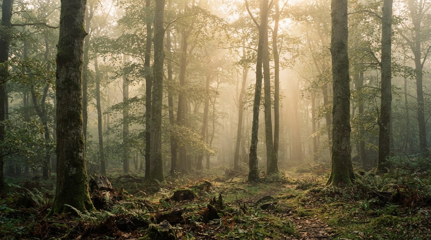 Light filtering through trees in a quiet forest, symbolizing how old experiences surface years later as complex trauma symptoms
