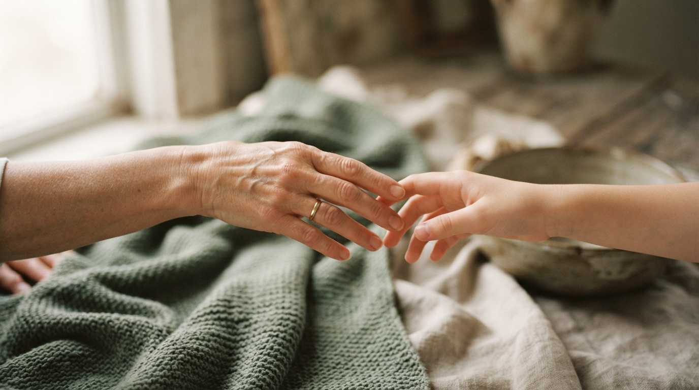 Two hands reaching toward each other in soft light, representing the relational pattern of people-pleasing as a trauma response