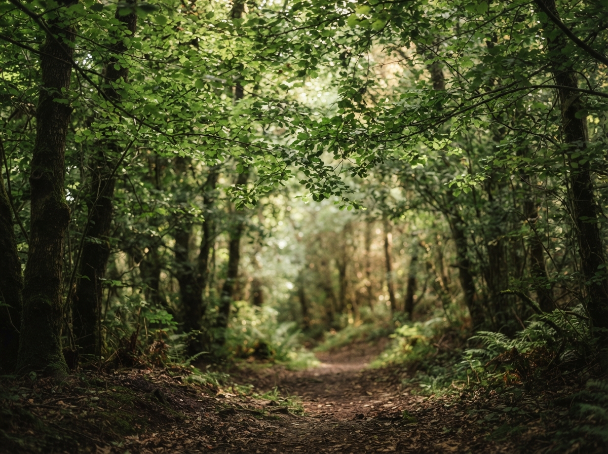 Dappled sunlight filtering through a green leaf canopy, symbolizing how EMDR helps the brain reprocess what has been stuck in shadow