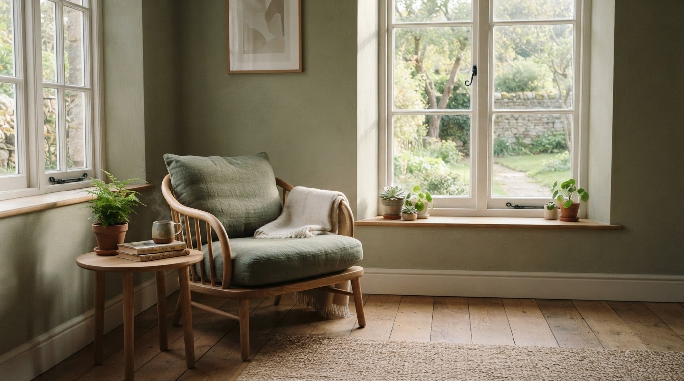 A quiet, sunlit room with a chair by a window, representing the comfort of online therapy from home
