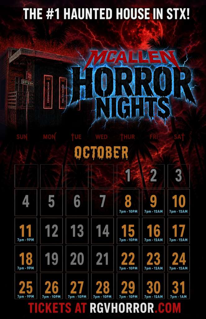 McAllen Horror Nights October 2026 dates and operating hours.