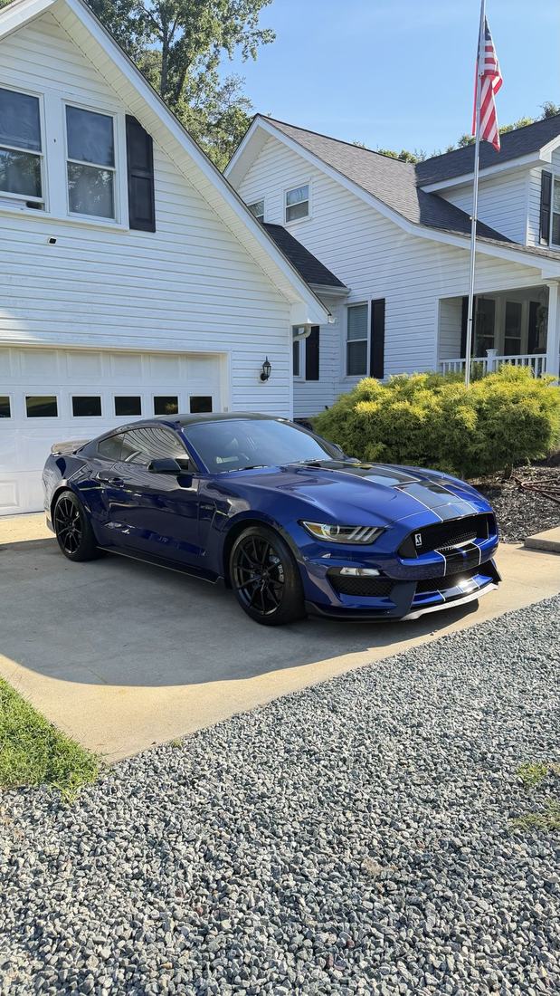 Blue Ford Mustang Shelby GT350 with racing stripes after an exterior detail in a client driveway