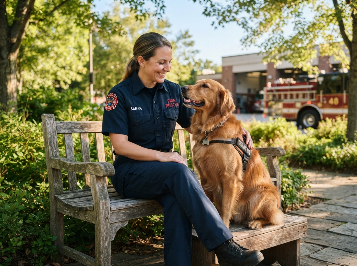 Firefighter and Golden Retriever companion dog resting on a park bench